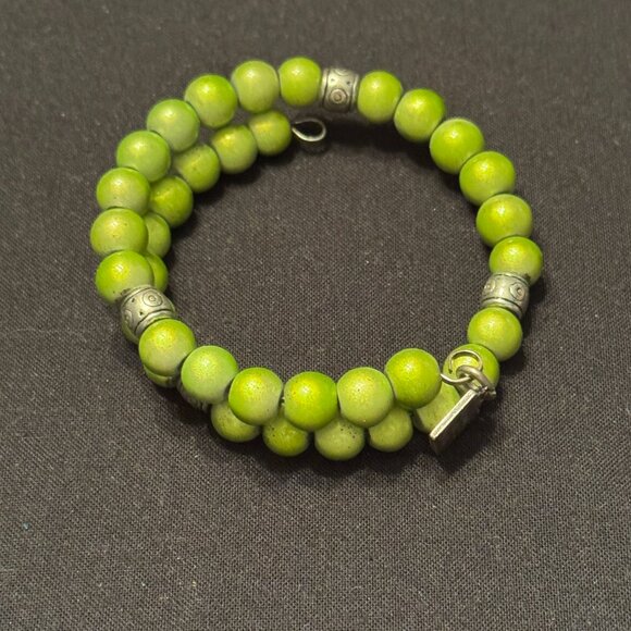 Zen Wire Wrap Bead Bracelet Green Silver Tones - Picture 3 of 3